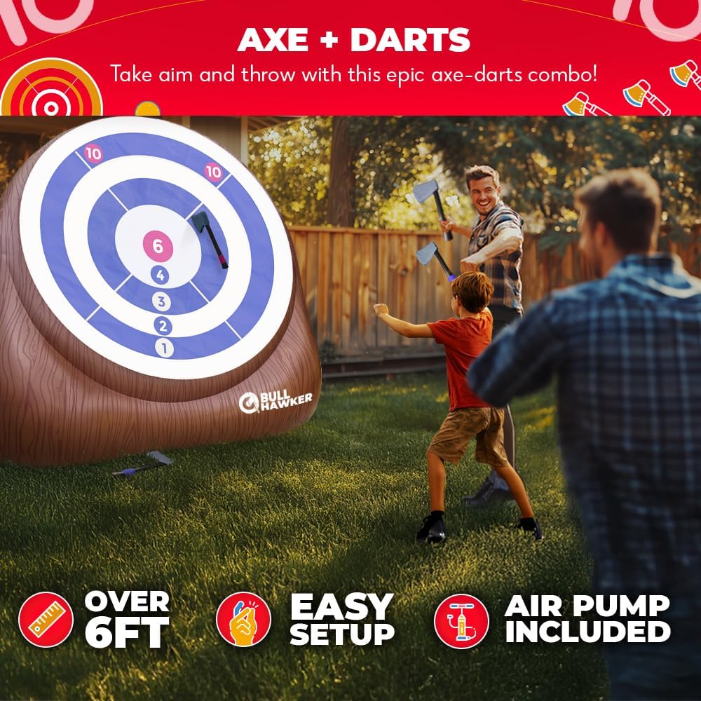 Swooc Games® - Bull Hawker™ | Giant Axe Darts (Over 6ft Tall) w/ 15+ Games | Axe Throwing Game for Backyard w/Air Pump | Outdoor Games for Adults and Family | Carnival Games | Throwing Axe Yard Games