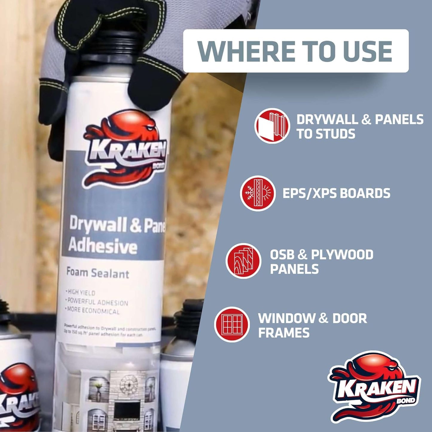 KRAKEN BOND Drywall & Panel Adhesive Foam - (2x24oz) Heavy-Duty, Fast-Curing Construction Adhesive for Concrete, Wood, and Heat Insulation Applications - Gun&Gun Cleaner Set