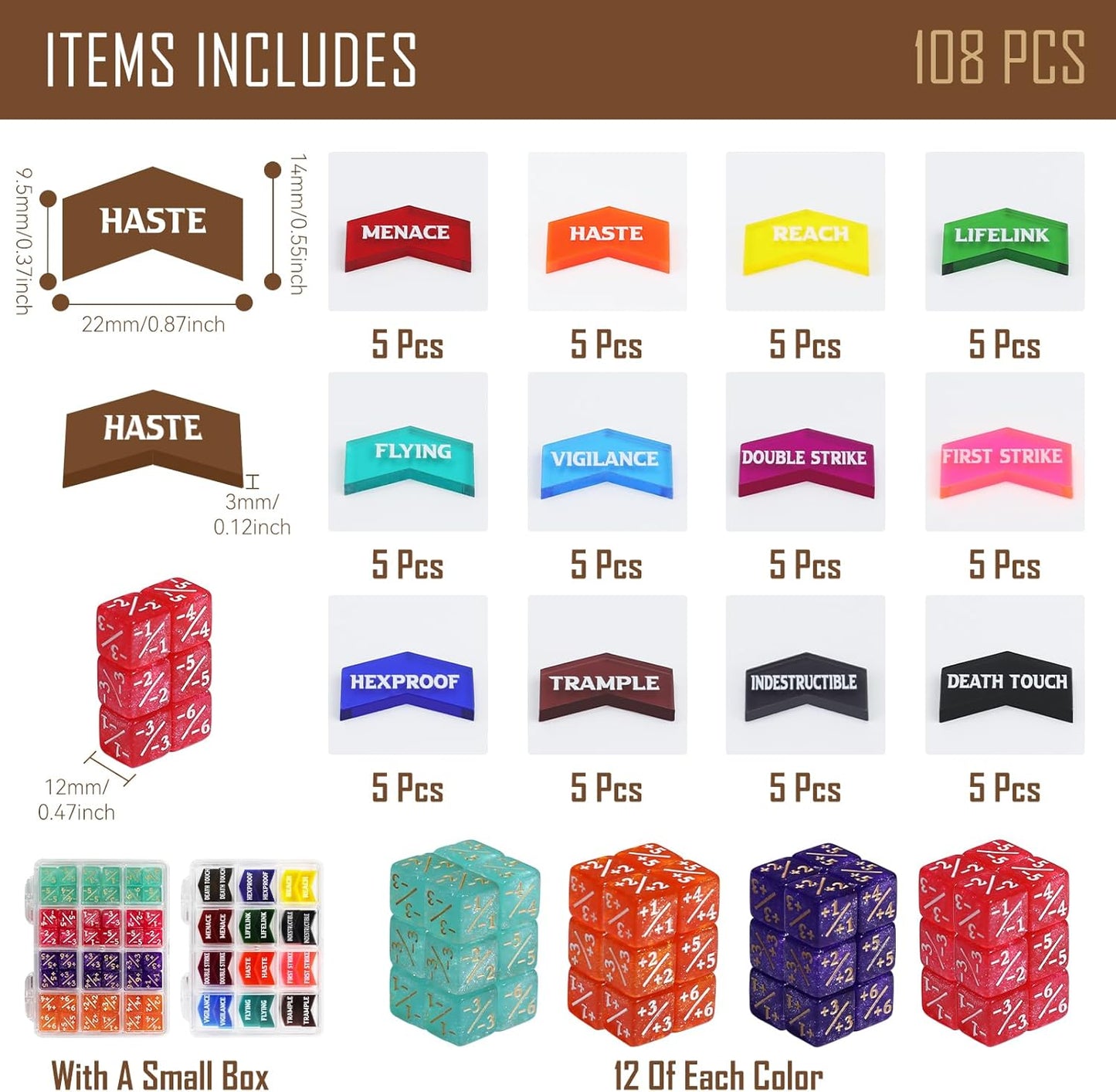 108PCS MTG Keyword Counters Tokens & 12mm MTG Life Counter Dice Set for Magic Card with Box, Compatible with Magic CCG Card Gaming Accessories