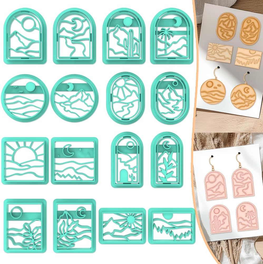 ACRNIGHEET Boho Clay Cutters - 16 Shapes Sun and Moon, Landscape Polymer Clay Cutters for Jewelry, Earring Making Kit With Storage Box