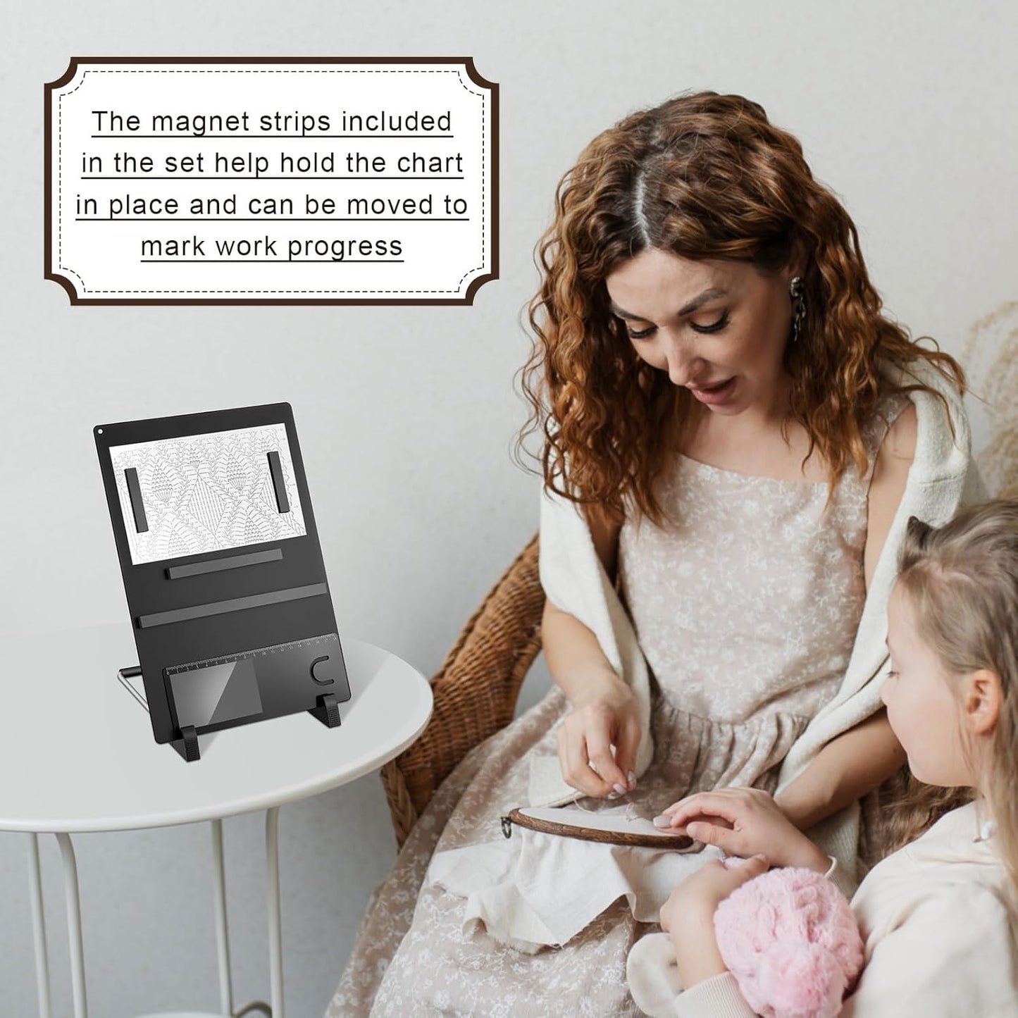 Flutesan 8 Pcs Cross Stitch Accessories and Tools 11.5 x 4.7 Inch Metal Magnet Board Chart Knitting Pattern Holder 2 Bookmark Magnifier with Ruler 1 Bracket 4 Magnet Strips for Crafts Work (Black)