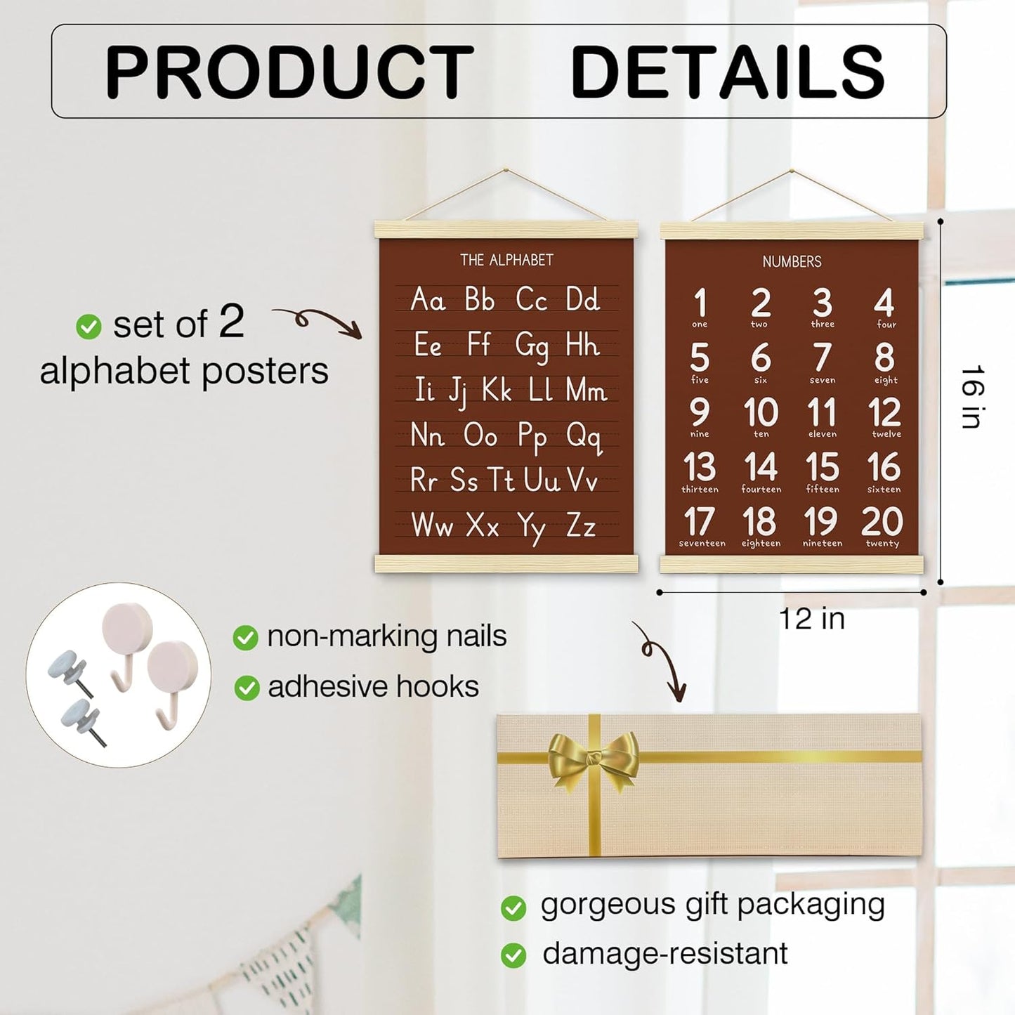 BONETAT Numbers alphabet poster for Nursery Toddlers,Correct Letter Formation on Line Paper, Play Room Wall Decor,ABC Wall Chart,Preschool Homeschool Decor Kids Wall Decor,Wooden Alphabet Banner-A09