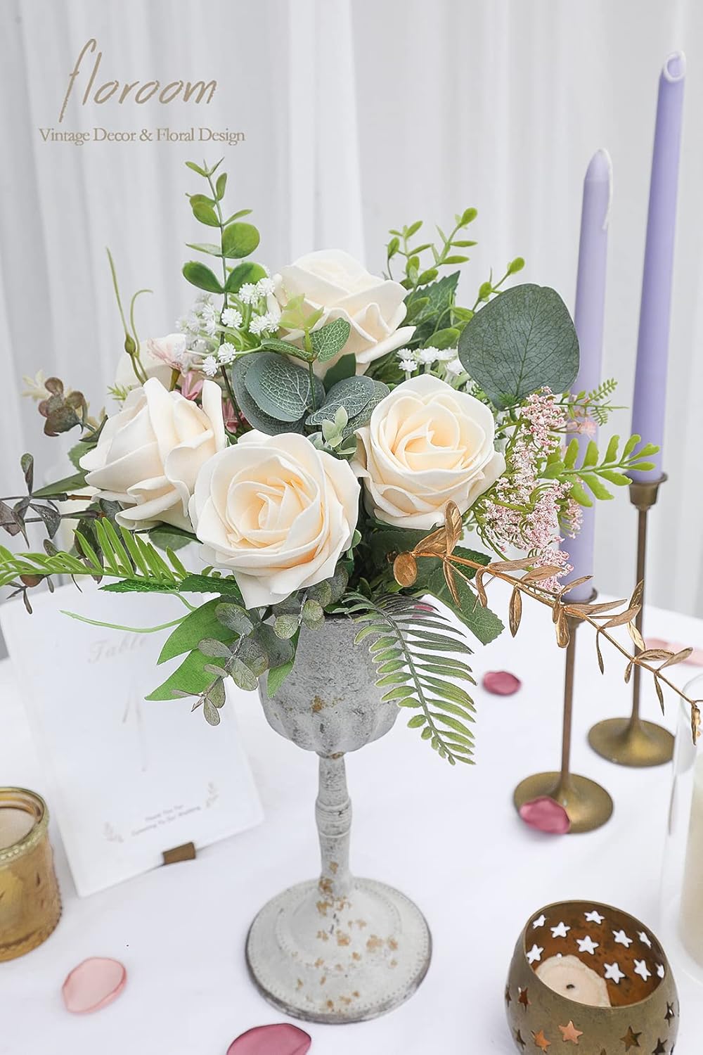 Floroom Artificial Flowers 20pcs Real Looking Cream High-Centered Foam Fake Roses with Stem for DIY Wedding Bouquets Bridal Shower Centerpieces Floral Arrangements Party Tables Home Decorations