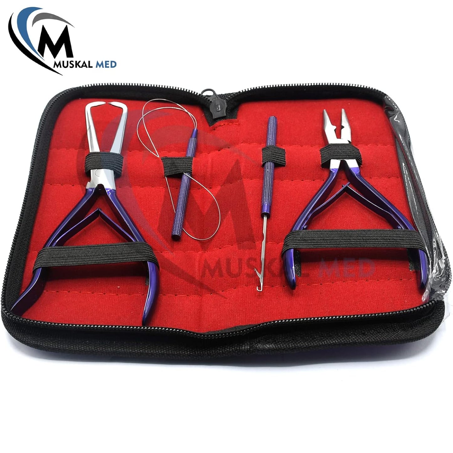 Professional Hair Extension & Beading Tool Kit Remove Plier Set for beads (4 Piece) I-Link Micro Ring Loop Needle Pulling Hook Threader Wire for Silicone Rings (Purple)