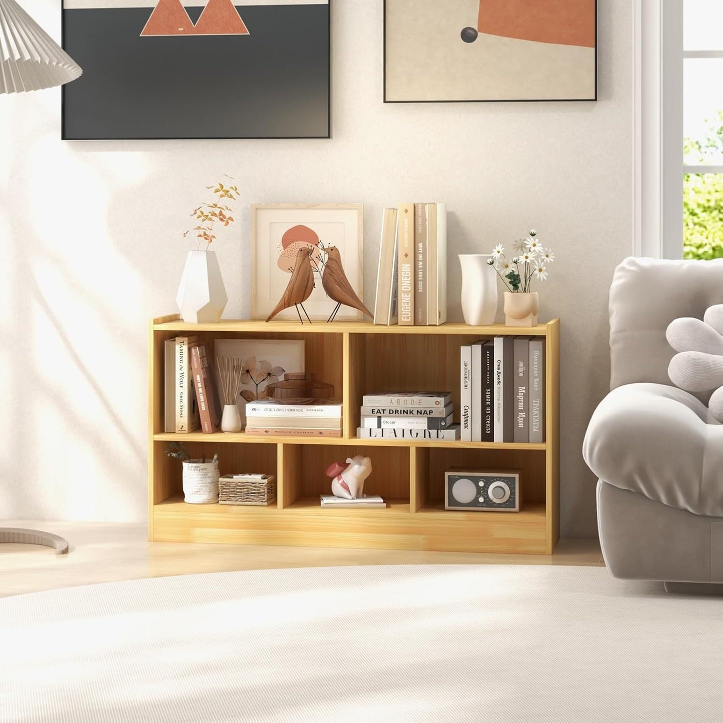 LOKO 2 Tier 5 Cube Bookcase, Open Shelf Storage Cabinet, Wooden Display Cabinet Shelf, Multipurpose Bookshelf for Living Room, Bedroom, Hallway, Home Office, Classroom (Yellow)