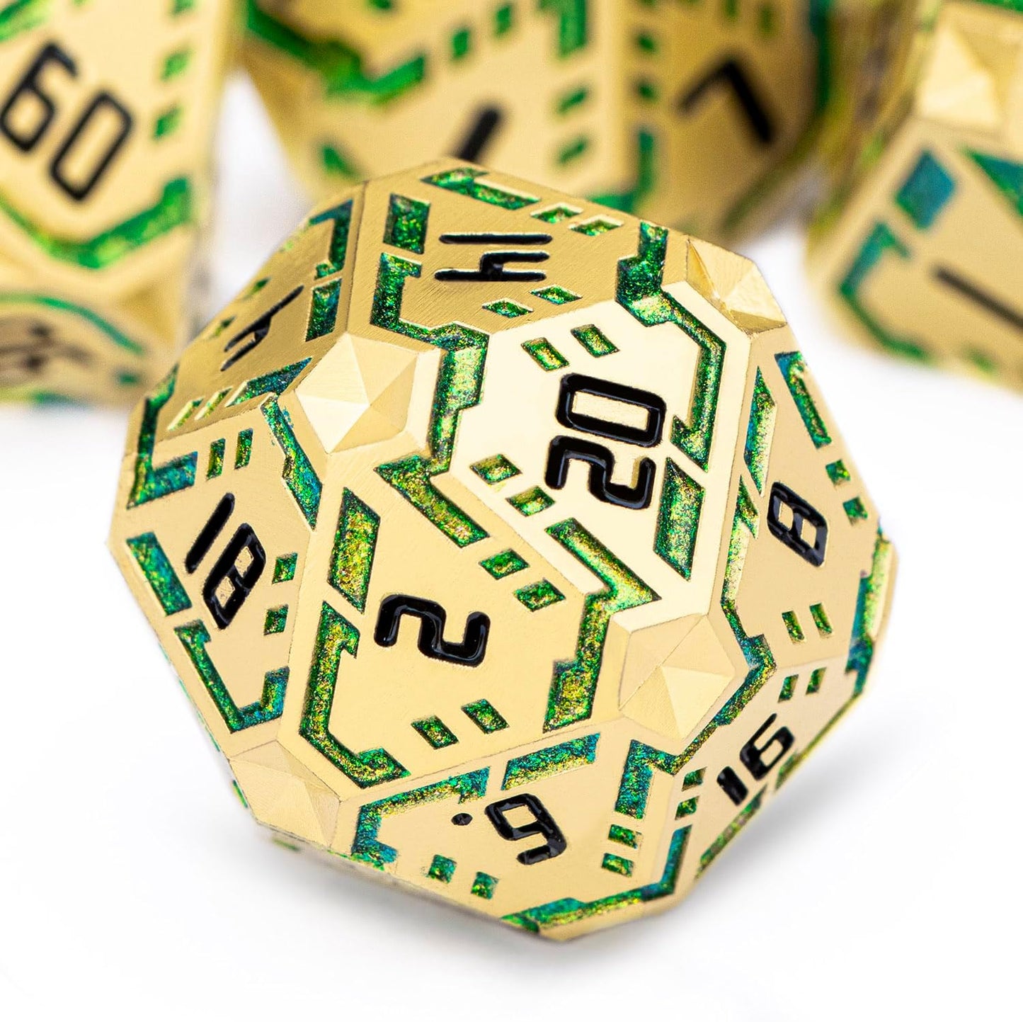 Metal DND Sci-fi Dice Set 7PCS Stripe Polyhedral Dice for Dungeons Dragons RPG Role Playing Game, Glitter D and D Dice with Gift Box D6 D8 D10 D12 D20 (Golden Green)