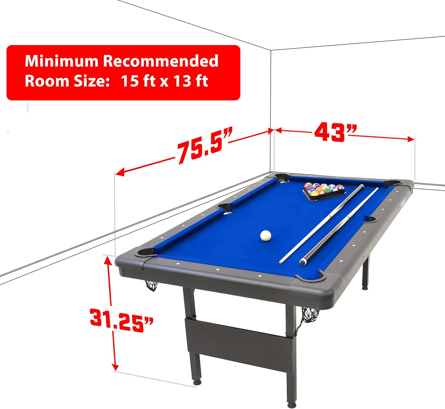 GoSports 6, 7, or 8 ft Billiards Tables - No Assembly, Choose Your Color - Portable Pool Table Includes Full Set of Balls, 2 Cue Sticks, Chalk and Felt Brush
