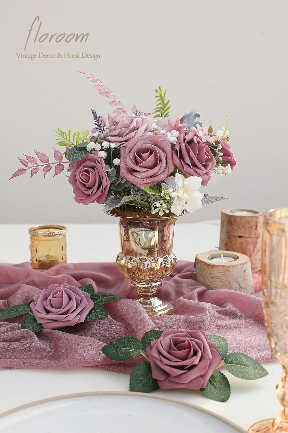 Floroom Artificial Flowers 25pcs Real Looking Mauve Ombre Colors Foam Fake Roses with Stems for DIY Wedding Bouquets Bridal Shower Floral Centerpieces Party Tables Home Decorations