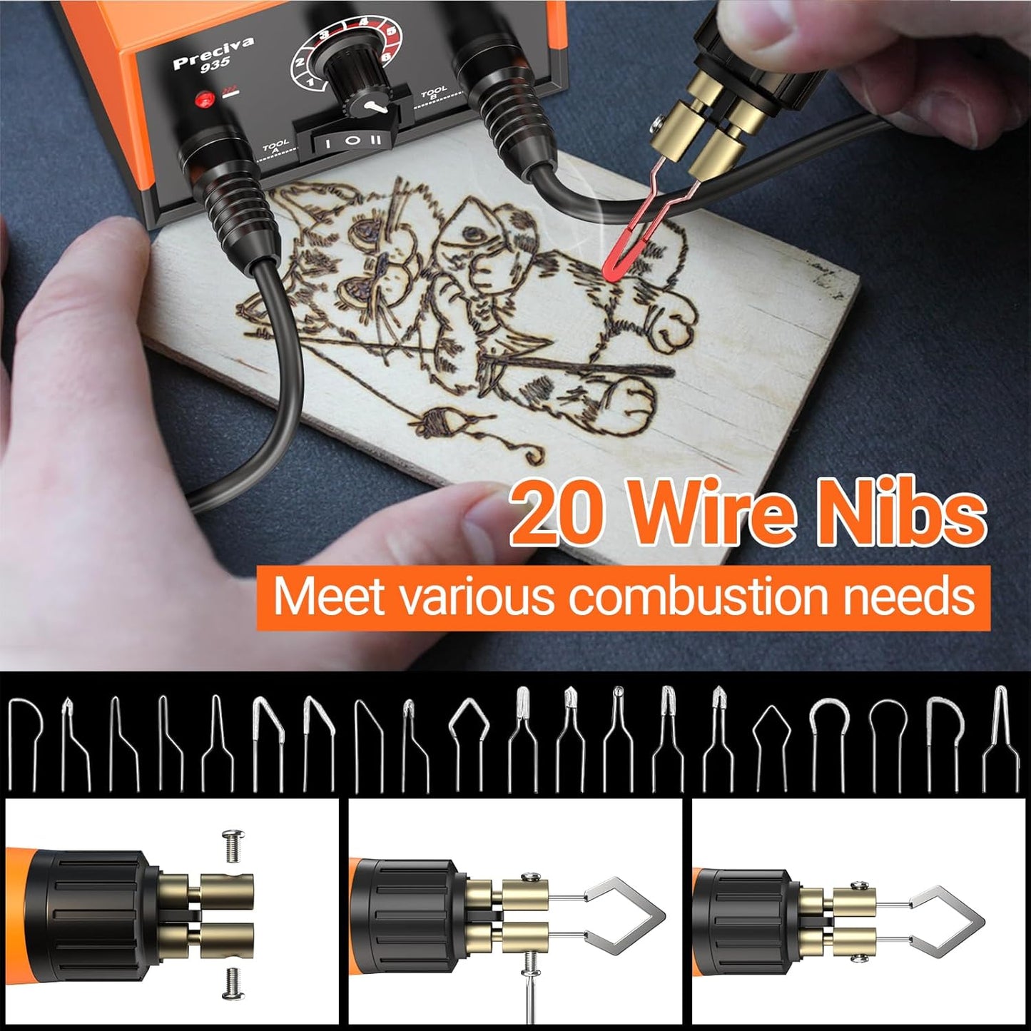 Preciva 935 Dual Handle Wood Burning Kit - Professional Pyrography Tool with 20 Wire Nibs & Pen Holder | Adjustable Temp 482~1382℉ | for Wood Burning, Leather Craft, Art Designs