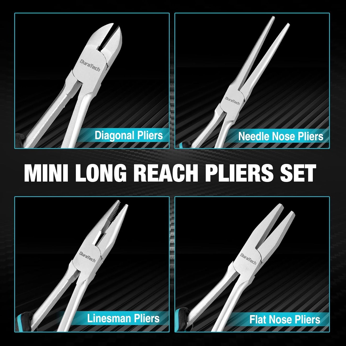 DURATECH 4PCS Long Reach Pliers Set with Pouch - Needle Nose, Diagonal, Linesman and Flat Nose, Mini Extra Long Pliers Set for Jewelry Making, Wire Bending and Object Gripping on Narrow Space