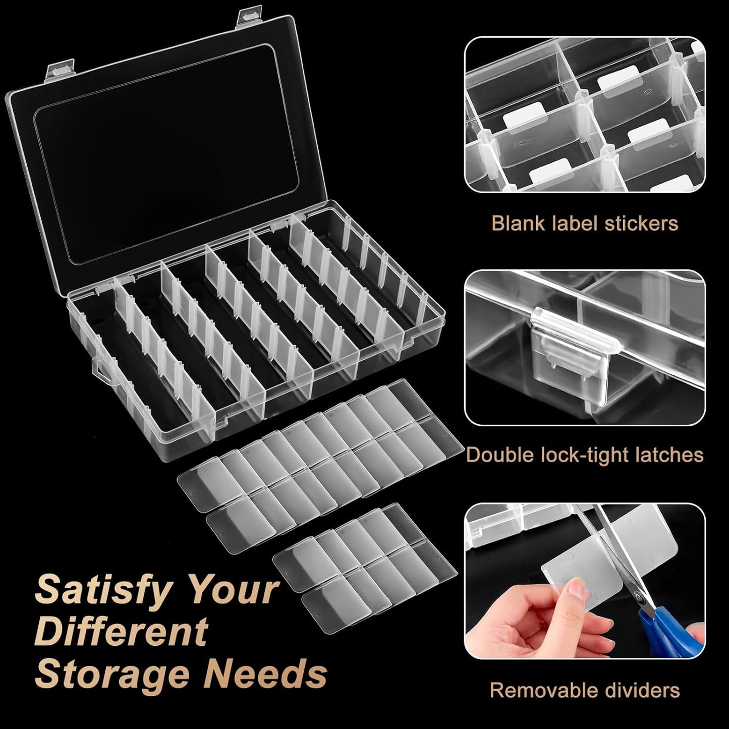 36 Grids Large Plastic Organizer Box with Adjustable Dividers, Clear Compartment Storage Container Tackle Box with Label Stickers for Beads, Crafts, Jewelries, Tools