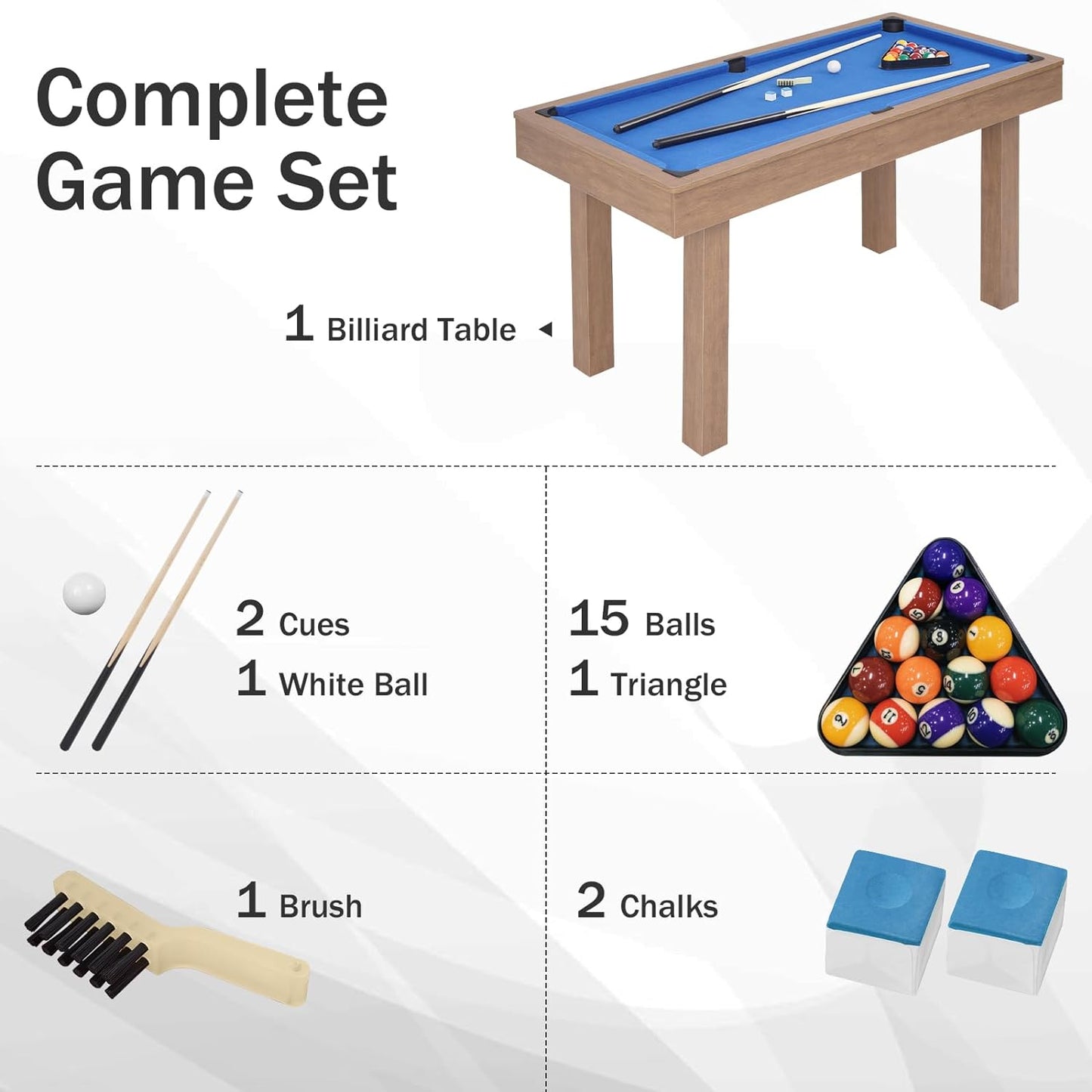 54" Portable Pool Table - Billiard Table for Kids & Adults with 2 Cues, Triangle Rack, Chalk & Brush - Compact Wooden Game Table for Home, Game Room, Indoor & Outdoor