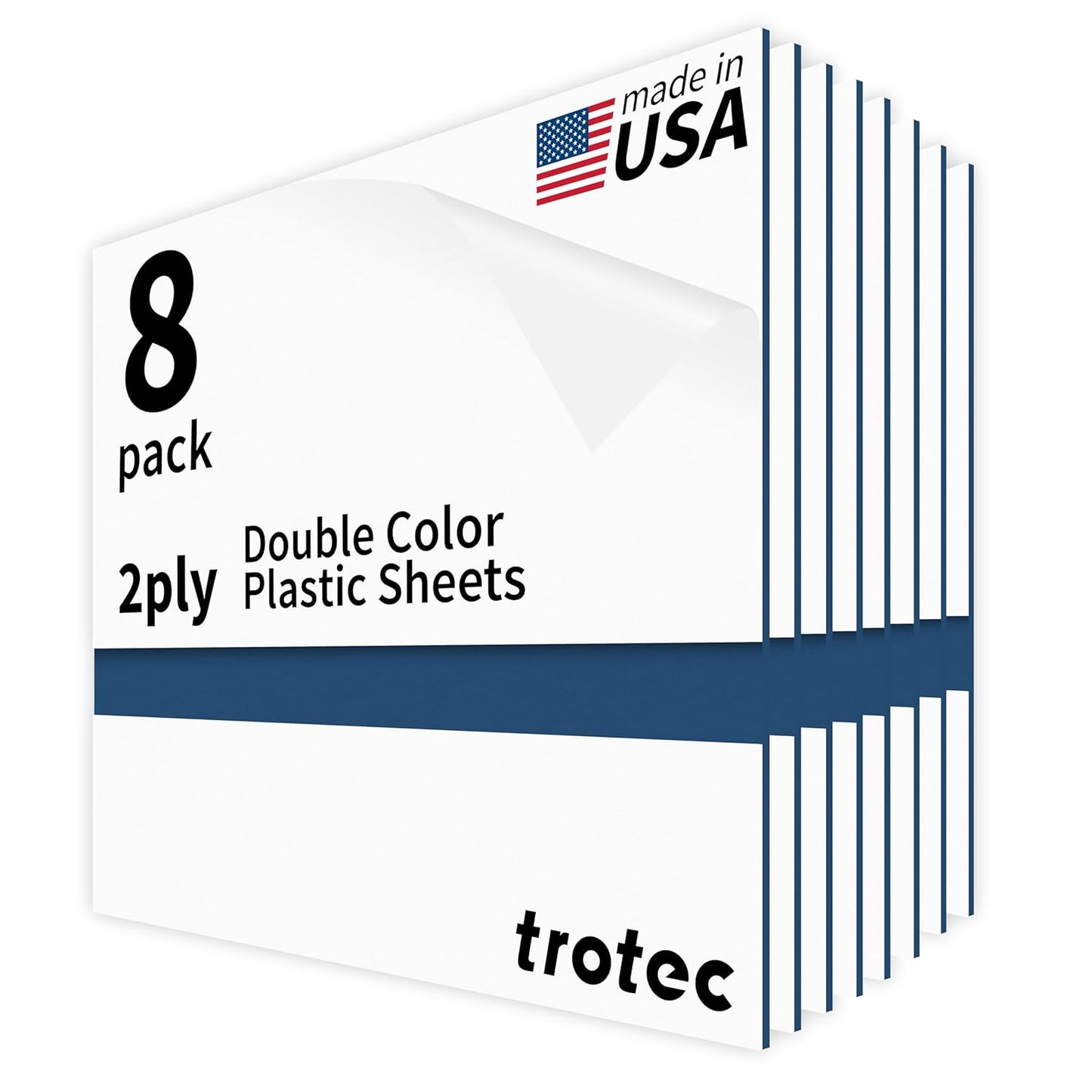 Trotec TroLase | 12"x12"x1/16", 8 Pcs | White/Blue| 2 Ply | Modified Acrylic | Laser Engraving Double Color Plastic Sheet | Engraving Blanks for Laser, Saw, Guillotine | Made in USA