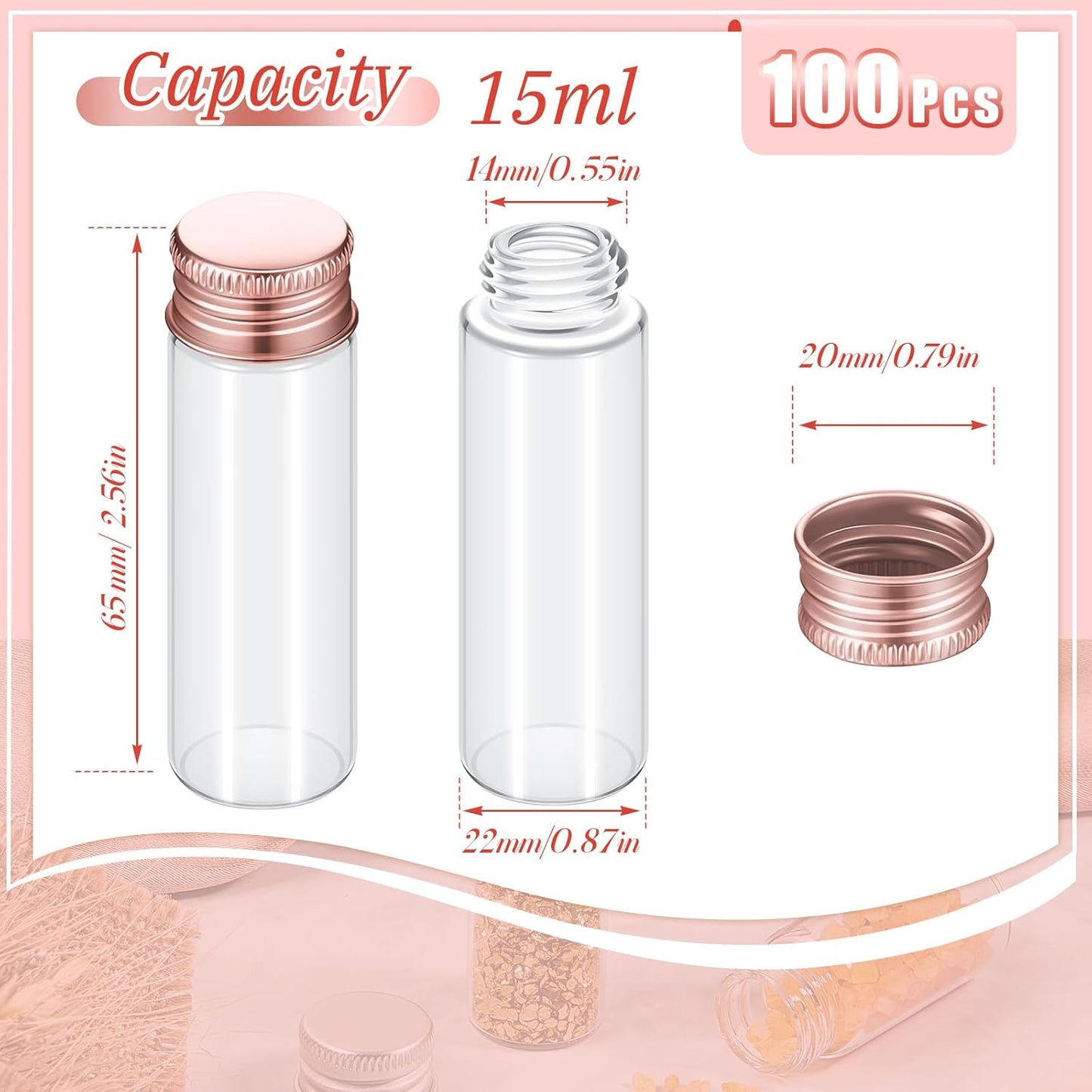 100 Pcs Small Clear Vials Spice Mini Jars with Lids Mini Glass Bottles with Screw Aluminum Metal Caps Tiny Jars Sample Containers for Powder Cream Cosmetic Jewelry Wedding (15 ml,Rose Gold)