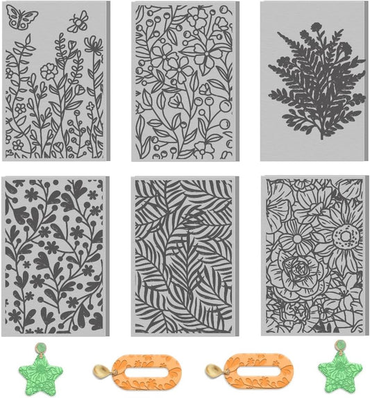 6 PCS Polymer Clay Texture Sheets Plants Clay Texture Mat for Using with Clay Cutters Pottery Earrings Jewelry DIY Making
