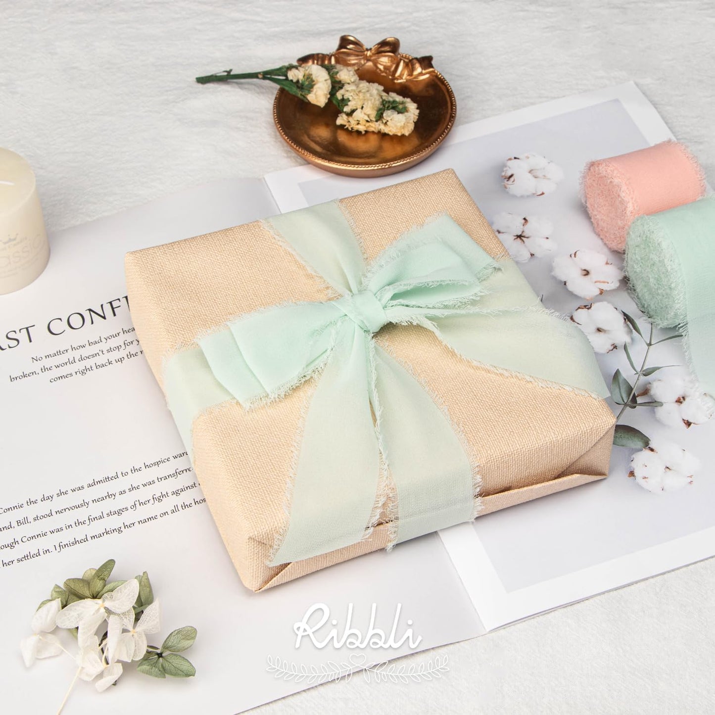 Ribbli Mint Green Chiffon Ribbon 1-1/2 inch x 20 Yard Handmade Fringe Chiffon Silk Ribbon, Mint for Wedding Invitations, Bridal Bouquets Wrapping, Flower Arrangement Decoration