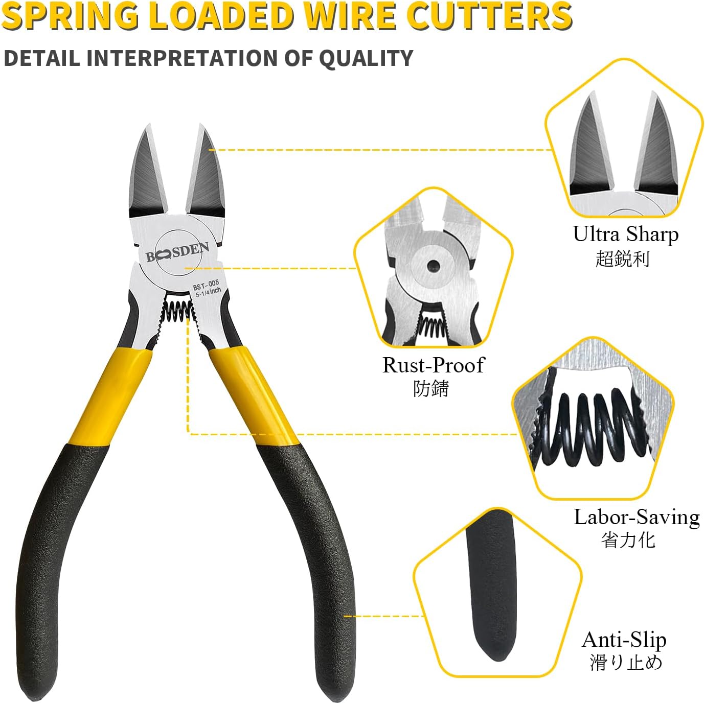 BOOSDEN 5" Wire Cutters, 5 Pack, Precision Cutting Pliers, Ultra Sharp Wire Snips Wire Clippers, Spring Loaded Flush Cutter, Diagonal Cutting Pliers for Jewelry Making Crafting, Wire Cutters Set