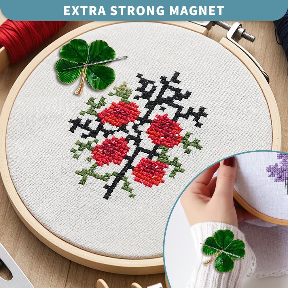 Magnetic Needle Minder Magnet Embroidery Accessories and Supplies Embroidery Needle Holder Cross Stitch Holder Needlework Supplies (Cardinal) (FourLeaf)