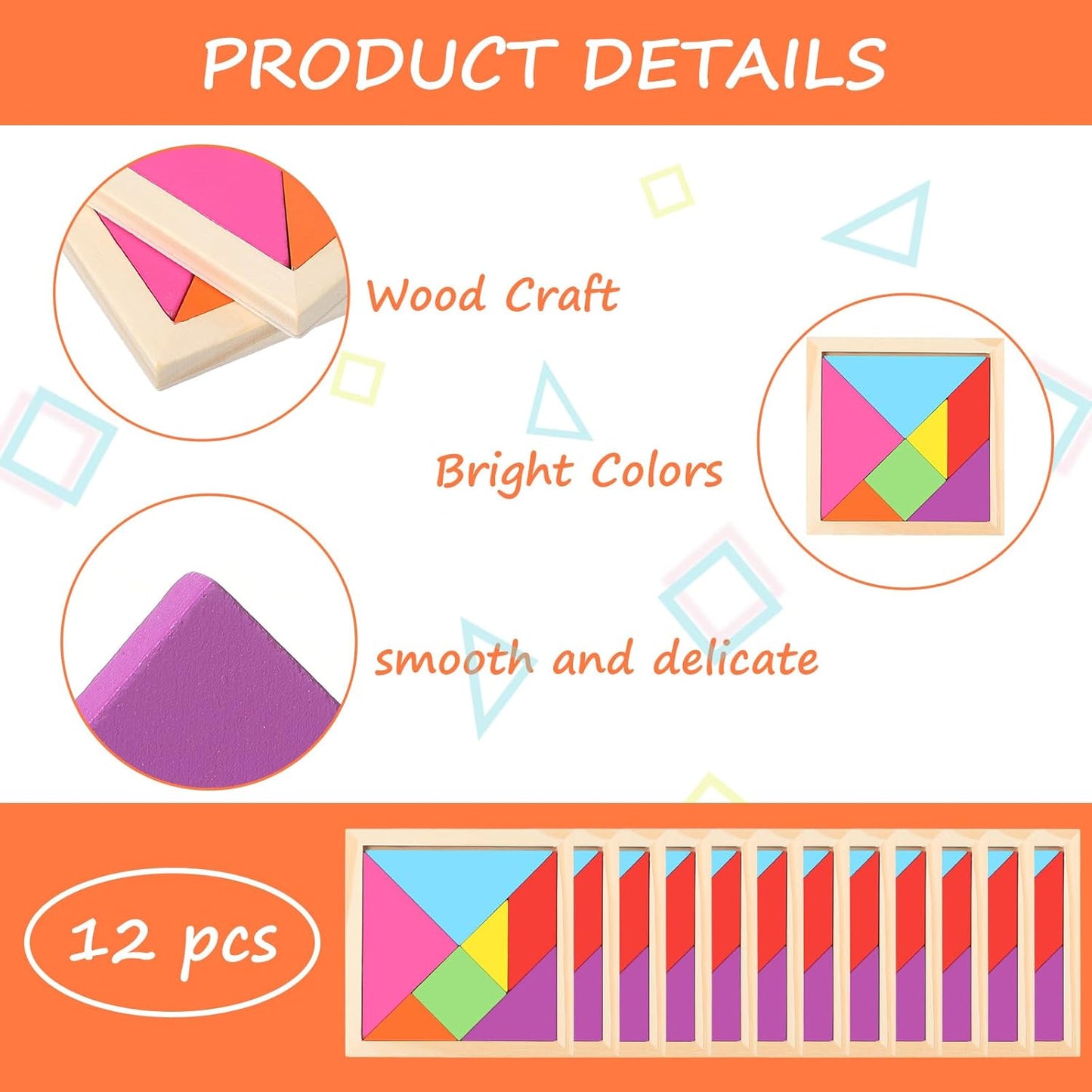 Meooeck 12 Pack Tangrams Wooden Puzzles Tangrams Classroom Set for Kids Shape Puzzles Brain Logic Blocks for Games Educational Gifts for Adults Kids Ages 4-8 8-12(Classic Style)