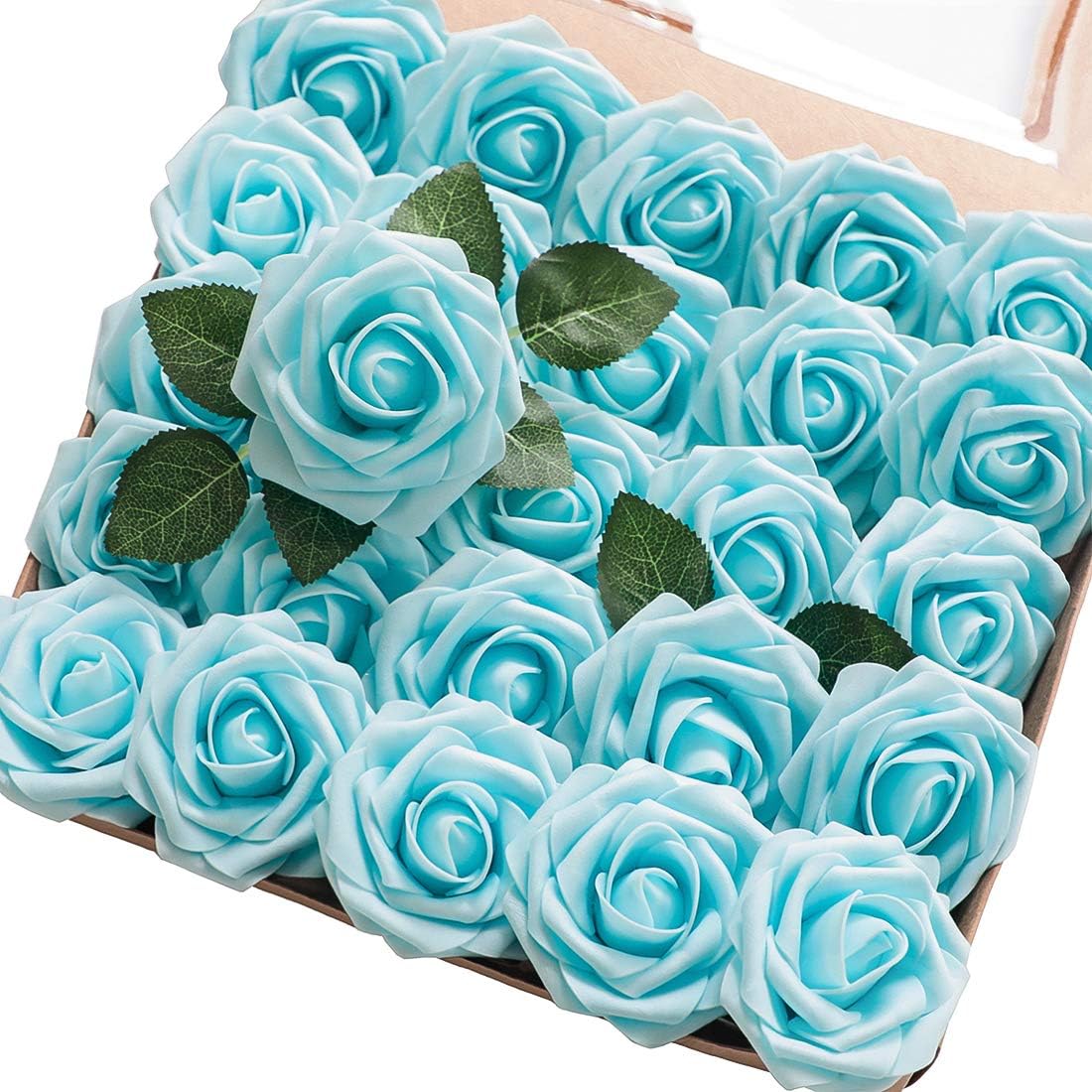Floroom Artificial Flowers 50pcs Real Looking Aqua Blue Foam Fake Roses with Stems for DIY Wedding Bouquets Bridal Shower Centerpieces Floral Arrangements Party Tables Home Decorations