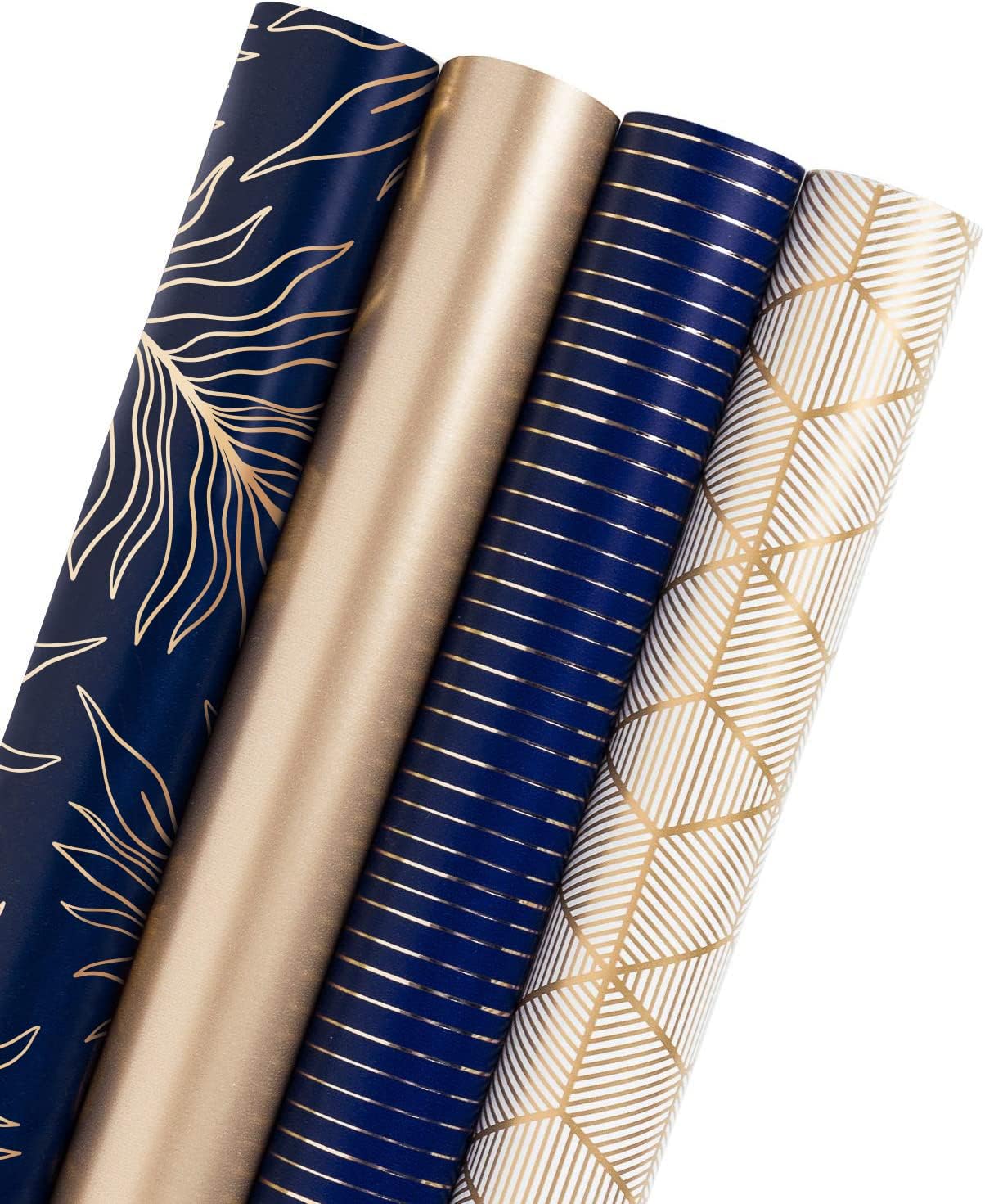 WRAPAHOLIC 30 Inch Navy Wrapping Paper - Jumbo Roll Gold and Navy Print with Cut Lines for Christmas, Birthday, Holiday, Father's Day, Baby Shower - 4 Rolls - 30 Inch x 120 Inch Per Roll