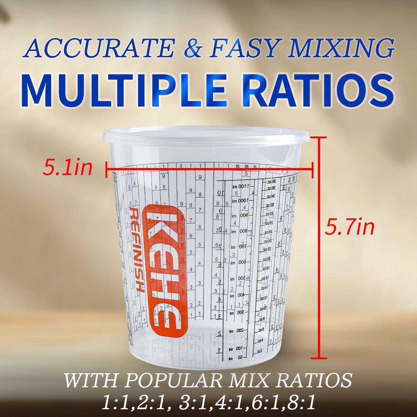 60 PACK Paint Mixing Cups by KEHE REFINISH,38 oz (1100ml),Disposable or Reusable Plastic Measuring Cups with Lids for Liquids, Paints, Resin, Epoxy, Art,Ratios 1:1,2:1, 3:1, 4:1,5:1,6:1,7:1,8:1