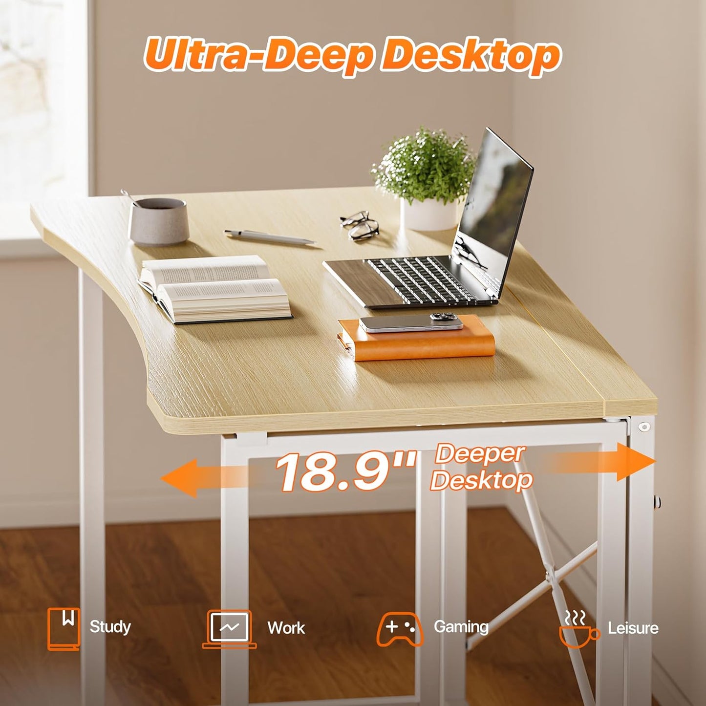 Huuger Folding Desk for Small Spaces, 39.3 Inch Foldable Computer Table, for Home Office, Study, Bedroom, Dorm, Space Saving, Small Writing Work Office Computer Desk, Easy to Fold, Oak