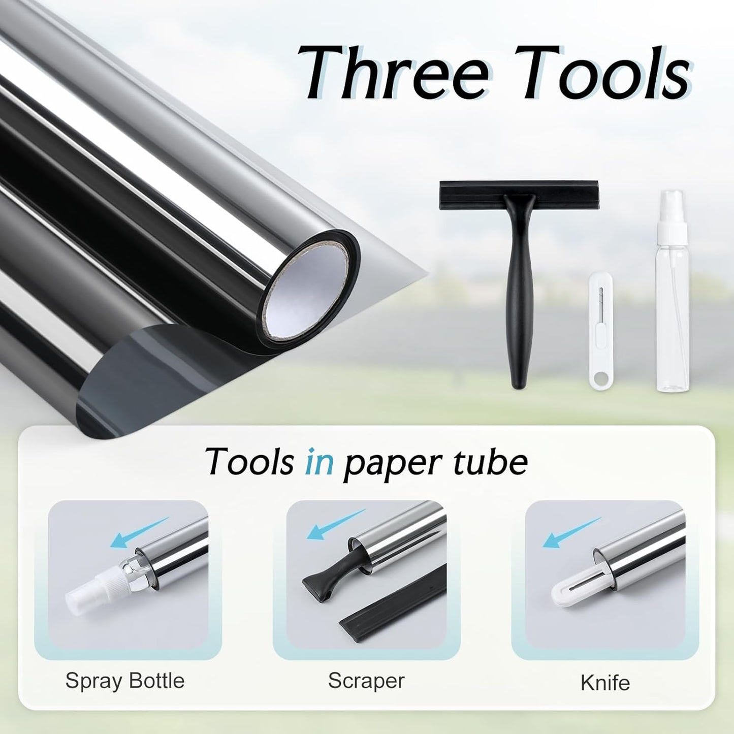 DOWELL One Way Window Privacy Film with 3 Tools Window Tint for Home Sun Blocking Heat Control Anti UV Reflective Mirror Covering See Out Not in for House and Office Black Silver 23.6" X 78.7"