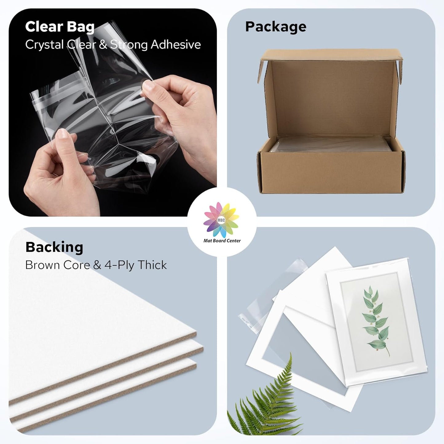 Mat Board Center, Pack of 50, 5x7 for 4x6 White Mat Kit - Acid Free, 4-ply Thickness, White Core - Includes Backing Boards and Clear Bags - for Pictures, Photos, Framing