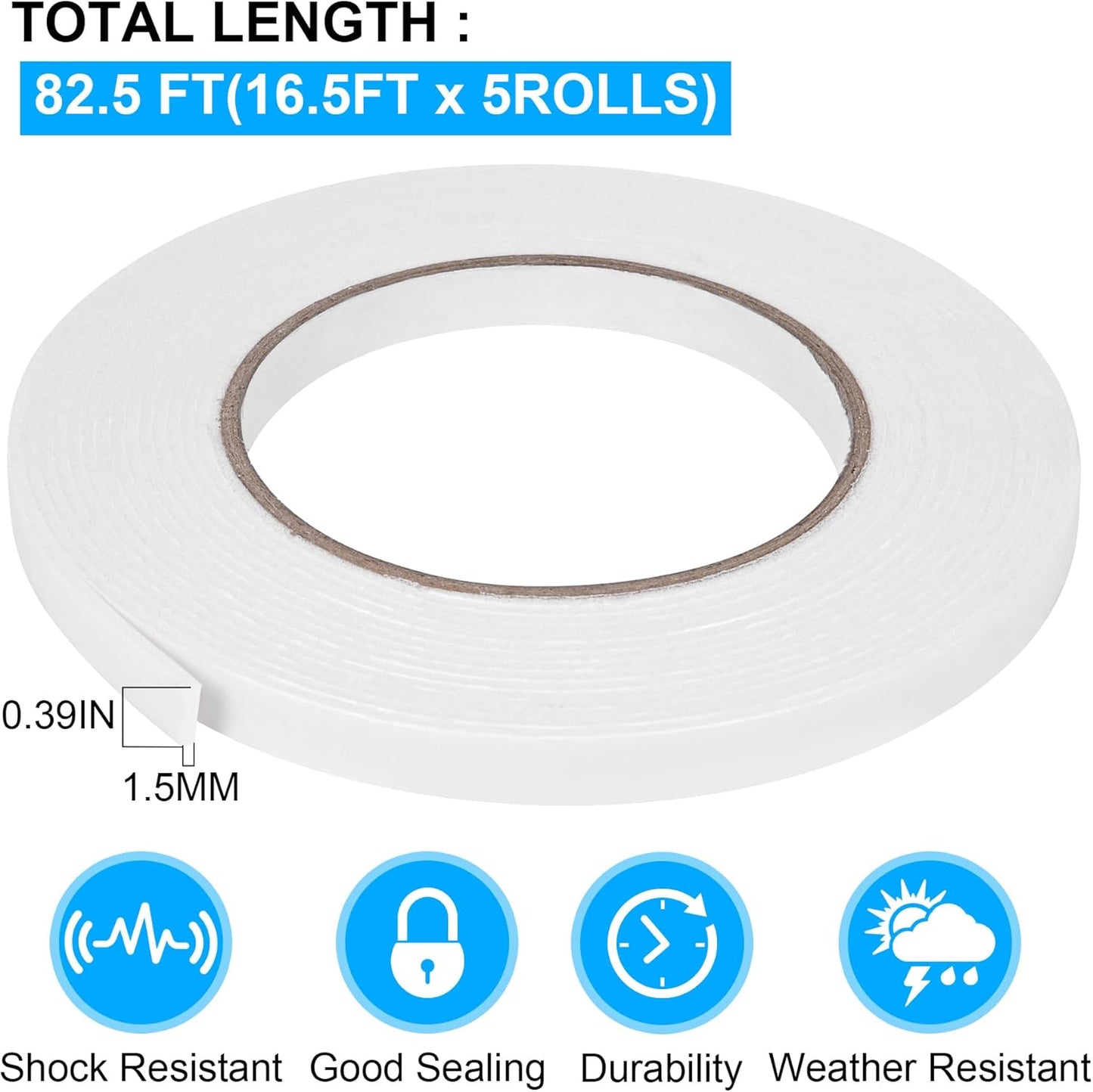 Double Sided Foam Tape 0.39In x 16.5FT 5 Pack, Mounting Tape Heavy Duty, Strong Adhesive Weatherproof Seal Strips for DIY Craft Picture Poster, Car & Gap Filling Mountings, Home Office Decor (White)