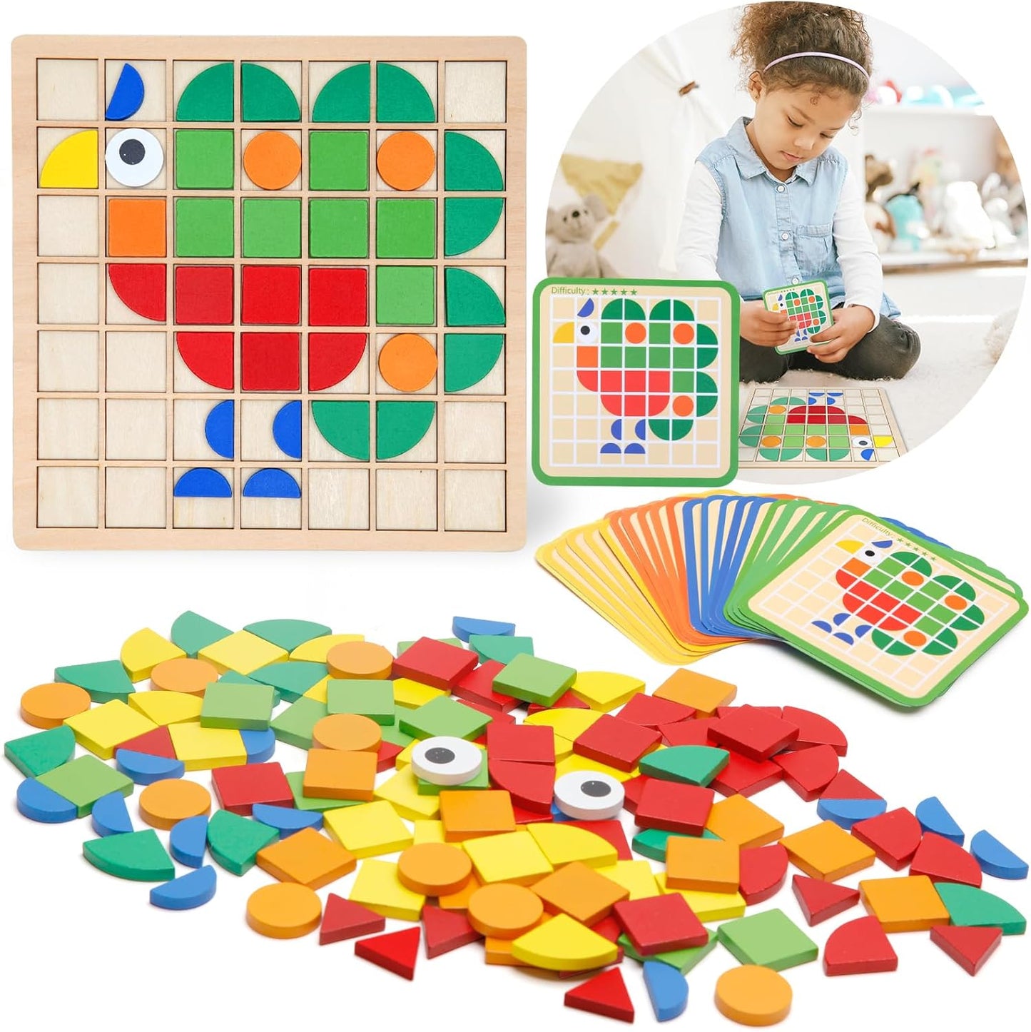 Montessori Tangram Educational, Geometric Shapes Puzzle Toys with 120Pcs Wooden Puzzle Blocks and 20Pcs Cards, Colorful Pattern Montessori Children's Educational Gifts for Kids Ages 3 and Up