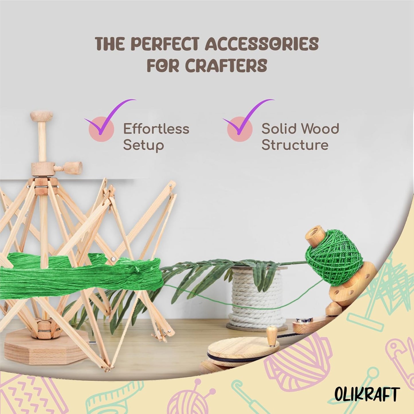 Olikraft Wooden Yarn Swift | Lightweight Reverse Yarn Umbrella Swifts | Ball Swift | Skein Winder | No Clamp Required (Patented)