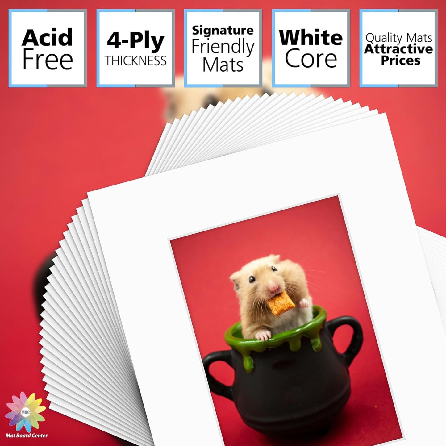 Mat Board Center, Pack of 50, 8x10 for 5x7 White Mats - Acid Free, 4-ply Thickness, White Core - for Pictures, Photos, Framing