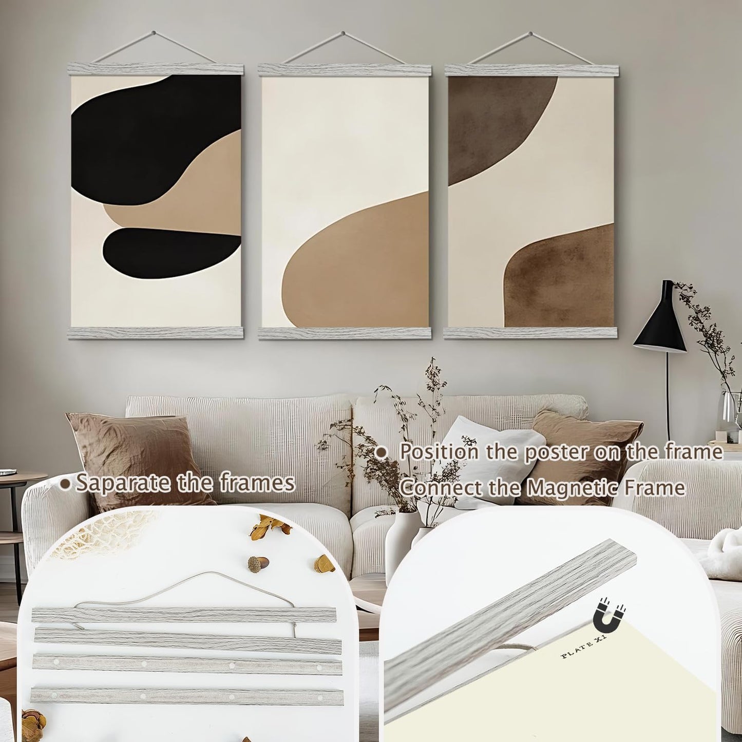 Artmag Magnetic Poster Hanger Frame, 26x38 26x37 26x20 Light Wood Wooden Magnet Canvas Artwork Print Poster Hangers Frames Hanging Kit (Grey, 26")