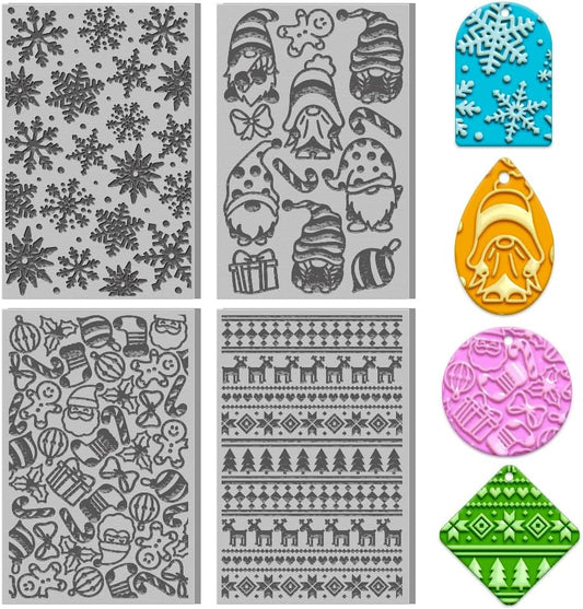 4PCS Christmas Polymer Clay Texture Sheets Set for Using with Clay Cutters, Snowflake Clay Texture Mats, Jewelry Making DIY Christmas Craft Tools