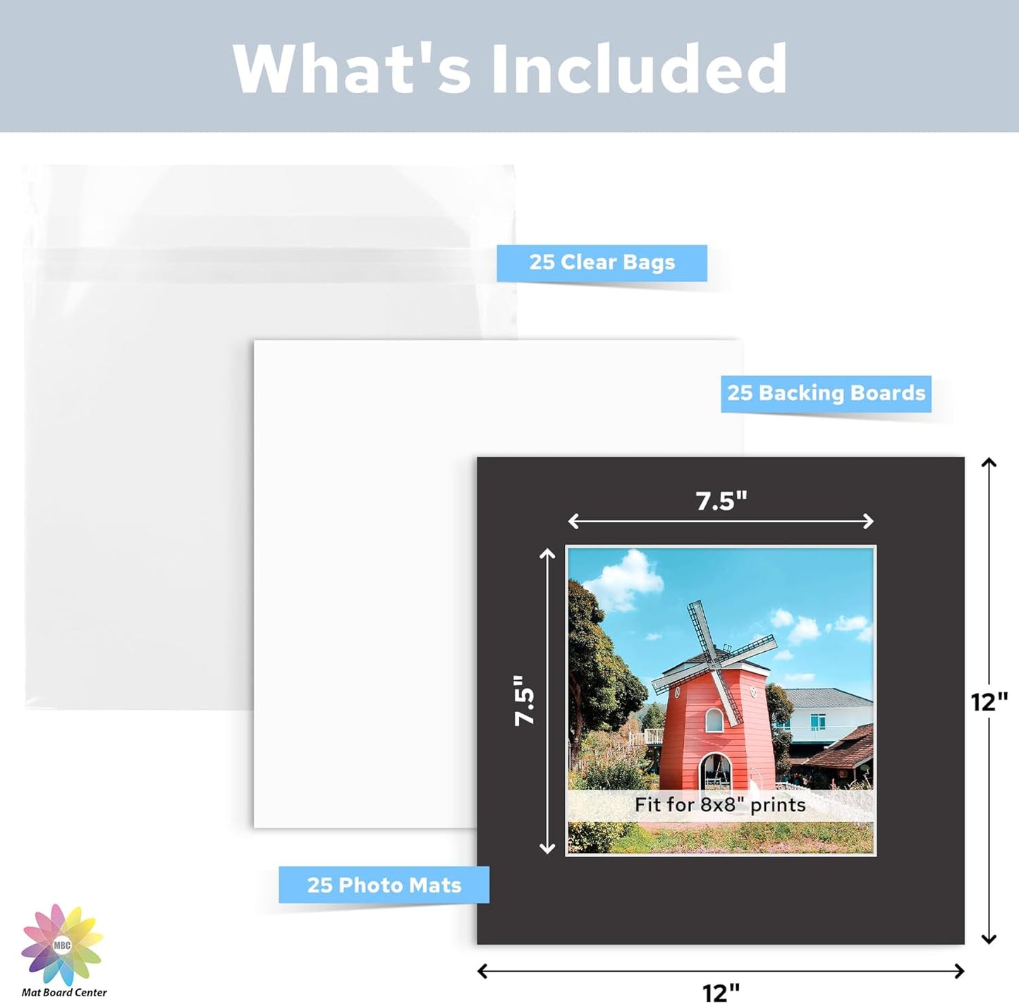 Mat Board Center, Pack of 25, 12x12 for 8x8 Black Mat Kit - Acid Free, 4-ply Thickness, White Core - Includes Backing Boards and Clear Bags - for Pictures, Photos, Framing