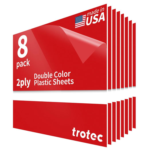 Trotec TroLase | 12"x12"x1/16", 8 Pcs | Gloss Red/White | 2 Ply | Modified Acrylic | Laser Engraving Double Color Plastic Sheet | Engraving Blanks for Laser, Saw, Guillotine | Made in USA