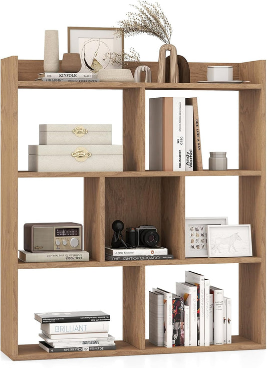 Giantex 7 Cubes Bookshelf, Free-Standing Wooden Bookcase, 4 Tier Home Display Shelf, Horizontal Storage Unit w/Anti-Toppling Devices, Open-Back Display Rack for Study, Living Room (1, Natural)