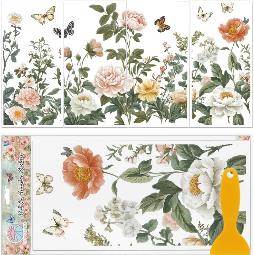 GLOBLELAND 4 Sheets Light Vintage Florals Furniture Transfer 11.8x5.9inch Butterflies Peonies Rub on Transfer Wildflowers UV Self-Adhesive Stickers Wall Art Craft for Bedroom Living Room Desk Table