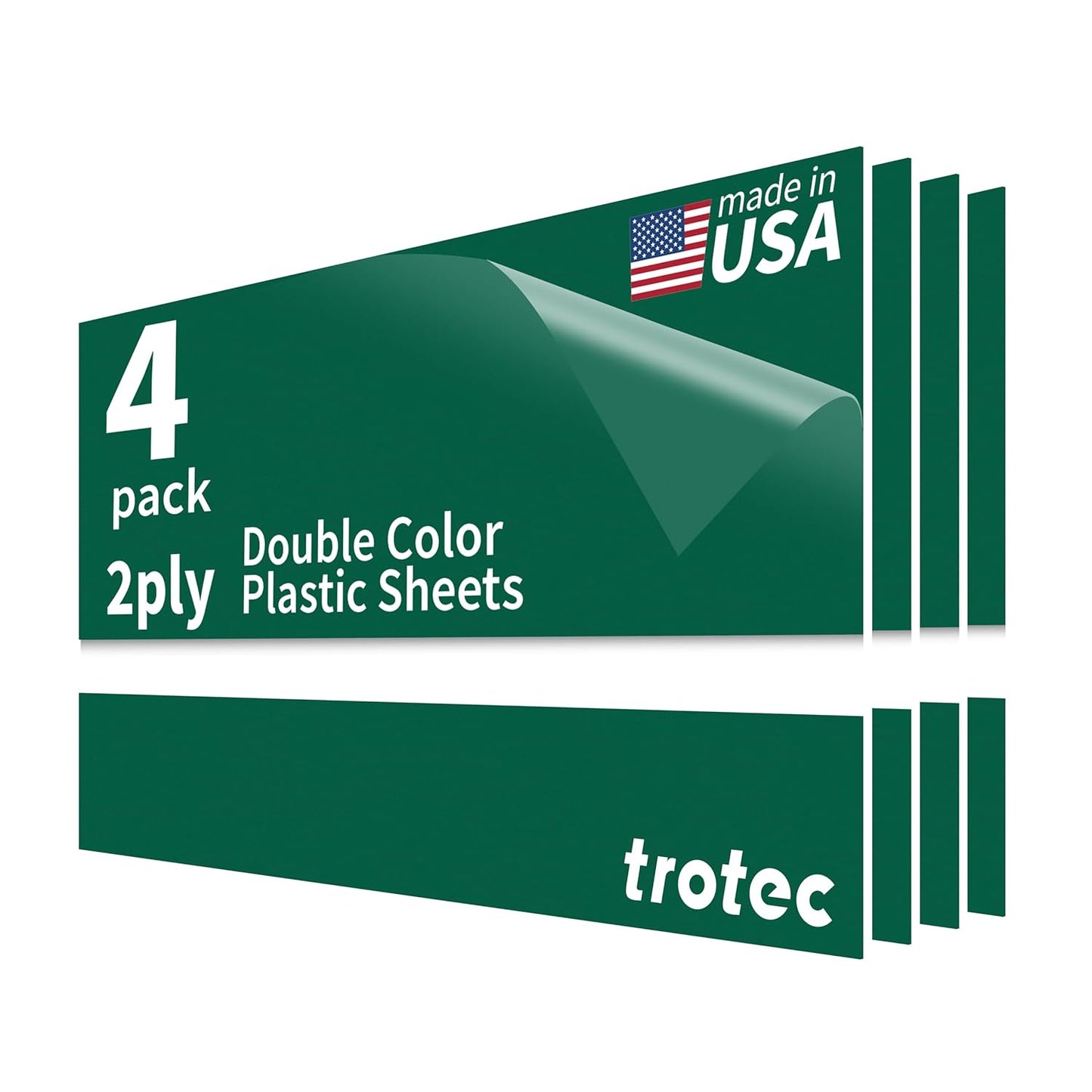 Trotec TroLase | 12"x24"x1/16", 4 Pcs | Dark Green/White | 2 Ply | Modified Acrylic | Laser Engraving Double Color Plastic Sheet | Engraving Blanks for Laser, Saw, Guillotine | Made in USA