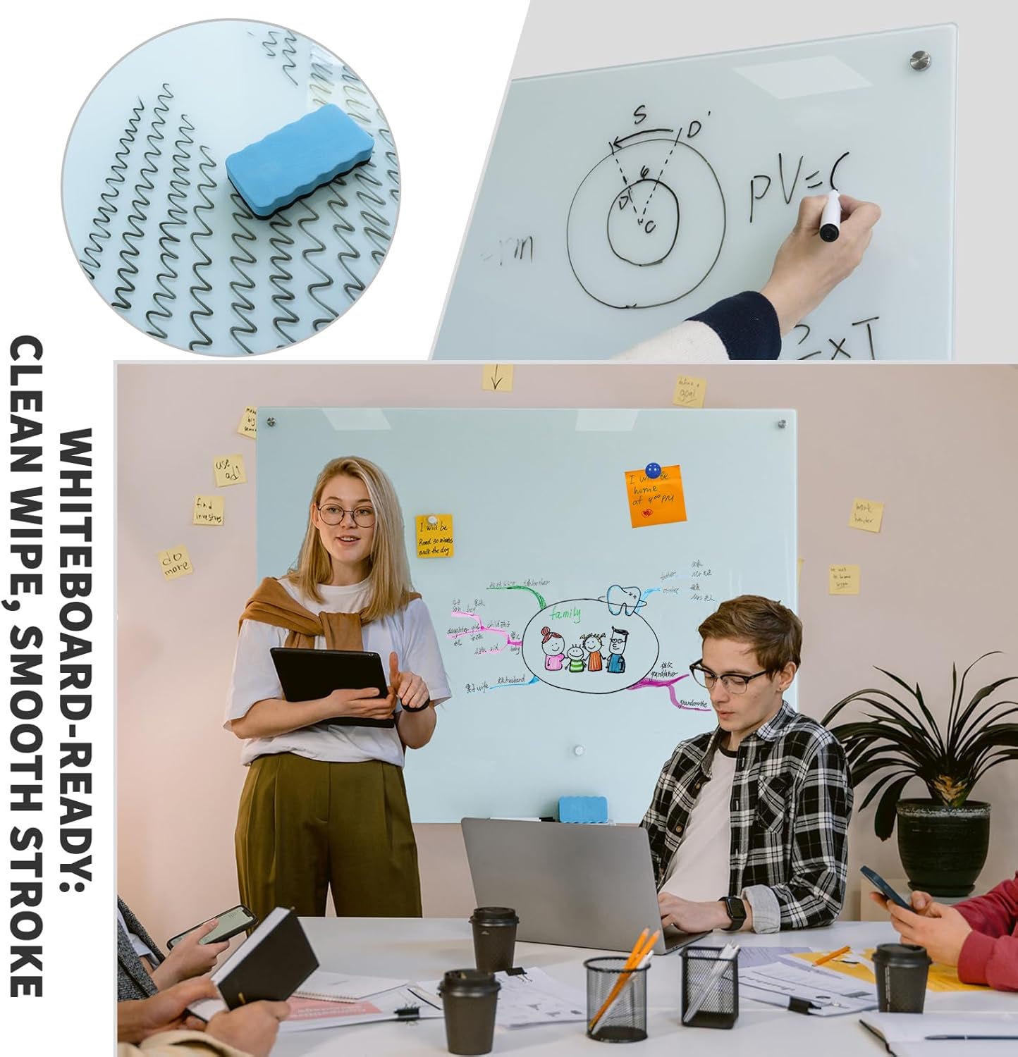 Glass Whiteboard 48"X36" Magnetic Glass White Board Frameless Wall Mounted Dry Erase GlassBoard for Office School Home