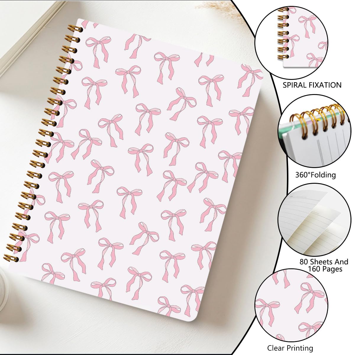 2 PCs Pink Bow Journaling Notebooks Trendy Preppy Spiral Notebook Cute Coquette Aesthetic Design Gifts for Women Teen Girls Note Books Journals for Writing Hardcover Notebook Office Classroom Supplies