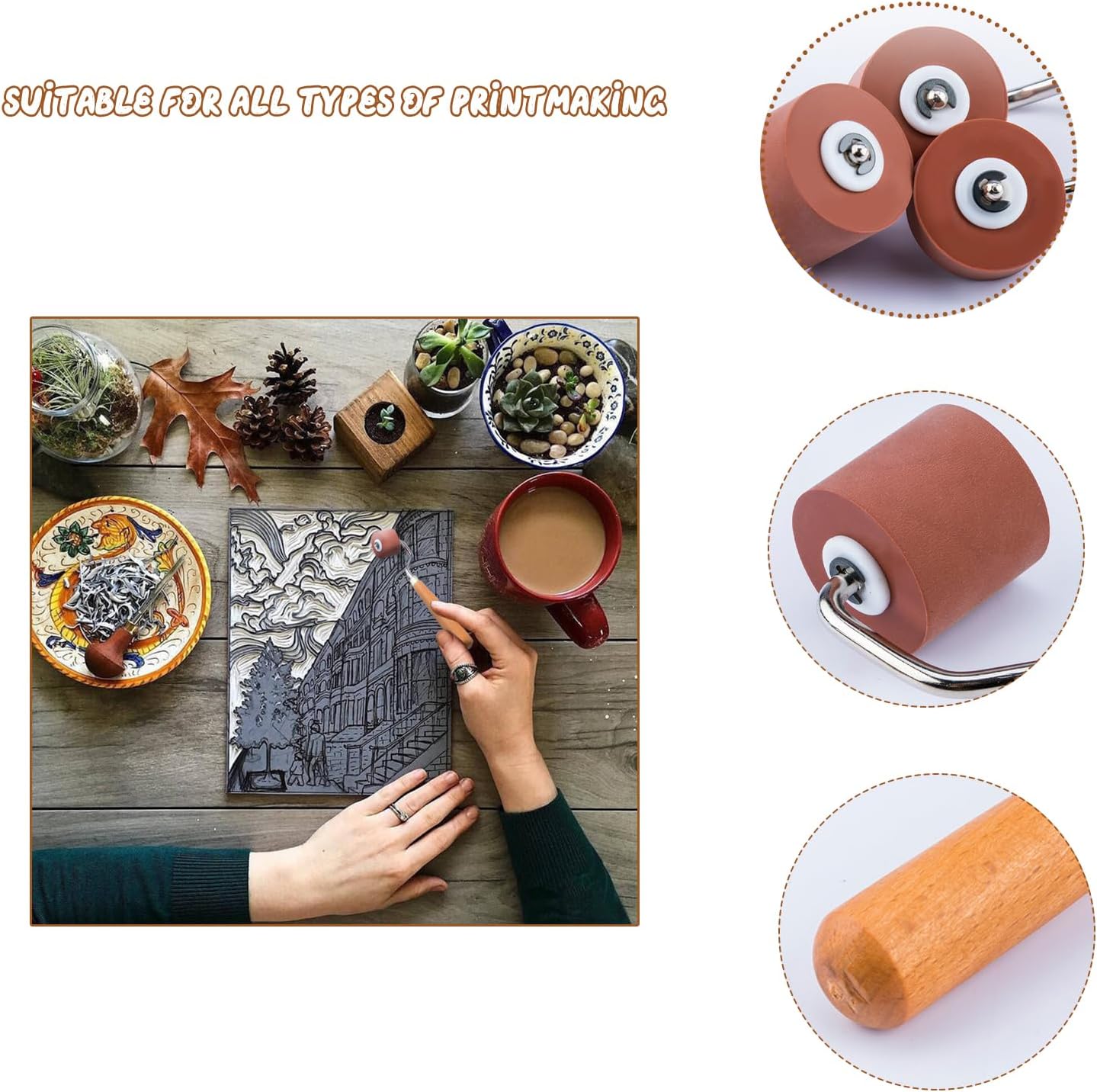 3Pcs Brayer Rubber Rollers, Printmaking Brayers, Art Craft Roller, Craft Stamping Brayers, Brayer Ink Roller with Comfort Wooden Handle for Print Stamping Tools Wallpapers and Scrapbooks