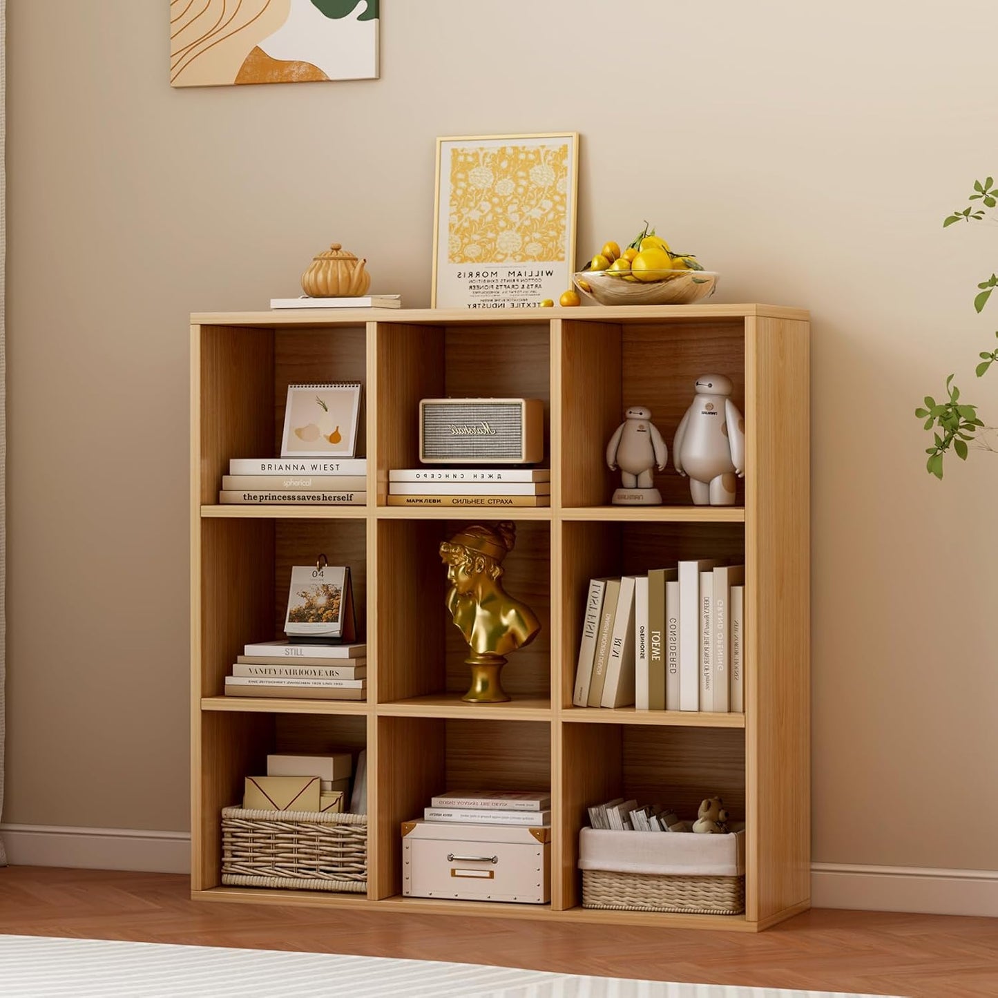 9-Cube Storage Shelf Bookcase - Wooden 3-Tier Floor Standing Open Bookshelf for Home and Office, Display Cabinet, Oak