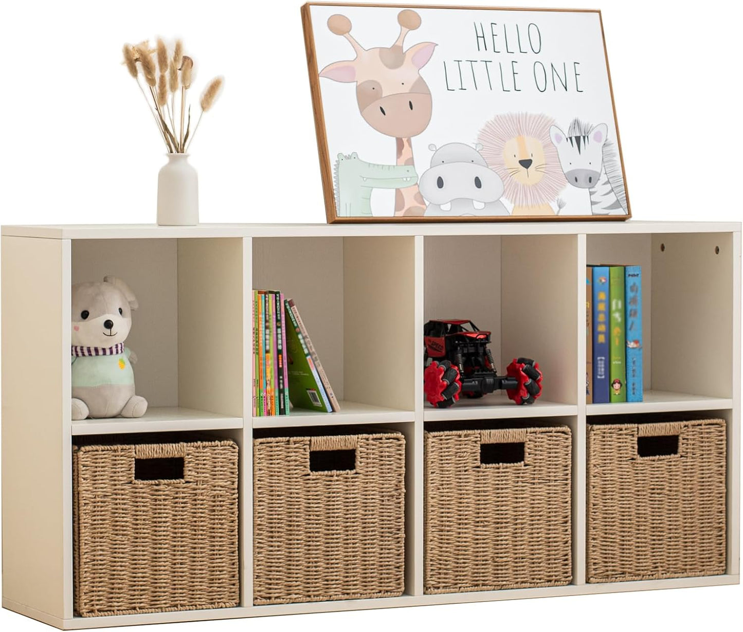 Wood 8-Compartment Storage Cabinet 8-Cube Storage Cabinet Organizer Wooden Cubby Bookshelf White 2 tier Open Cabinet Qquare Cubby Shelf for Home Office Living Room (8-Cube, 11 in Shelf Opening)