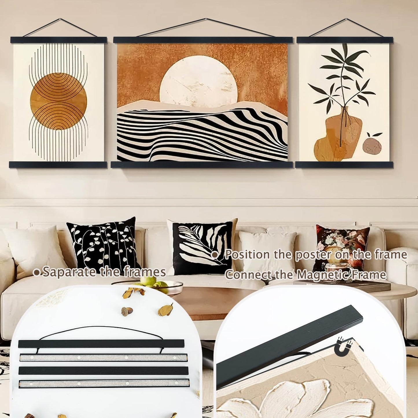 Artmag Magnetic Poster Hanger Frame, 29x22 29x40 29x54 Light Wood Wooden Magnet Canvas Artwork Print Poster Hangers Frames Hanging Kit (Black, 29")