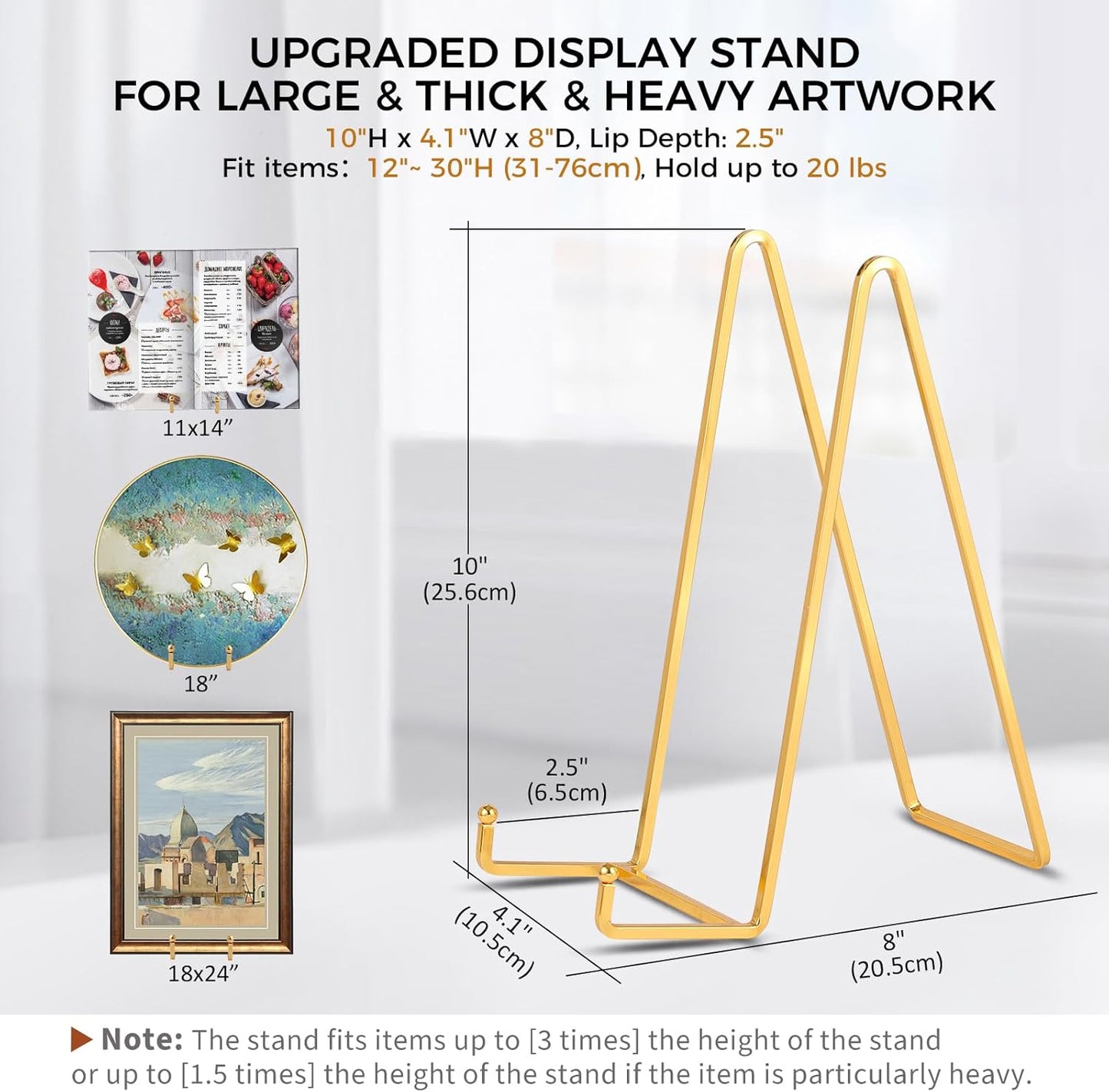 Large Plate Holder Display Stand - 10 inch Tall Plate Stands for Display - Metal Picture Frame Stand - Big Tabletop Easel Stand for Decorative Plates | Platter | Book | Plaque | Tile - 2 Pack - Gold
