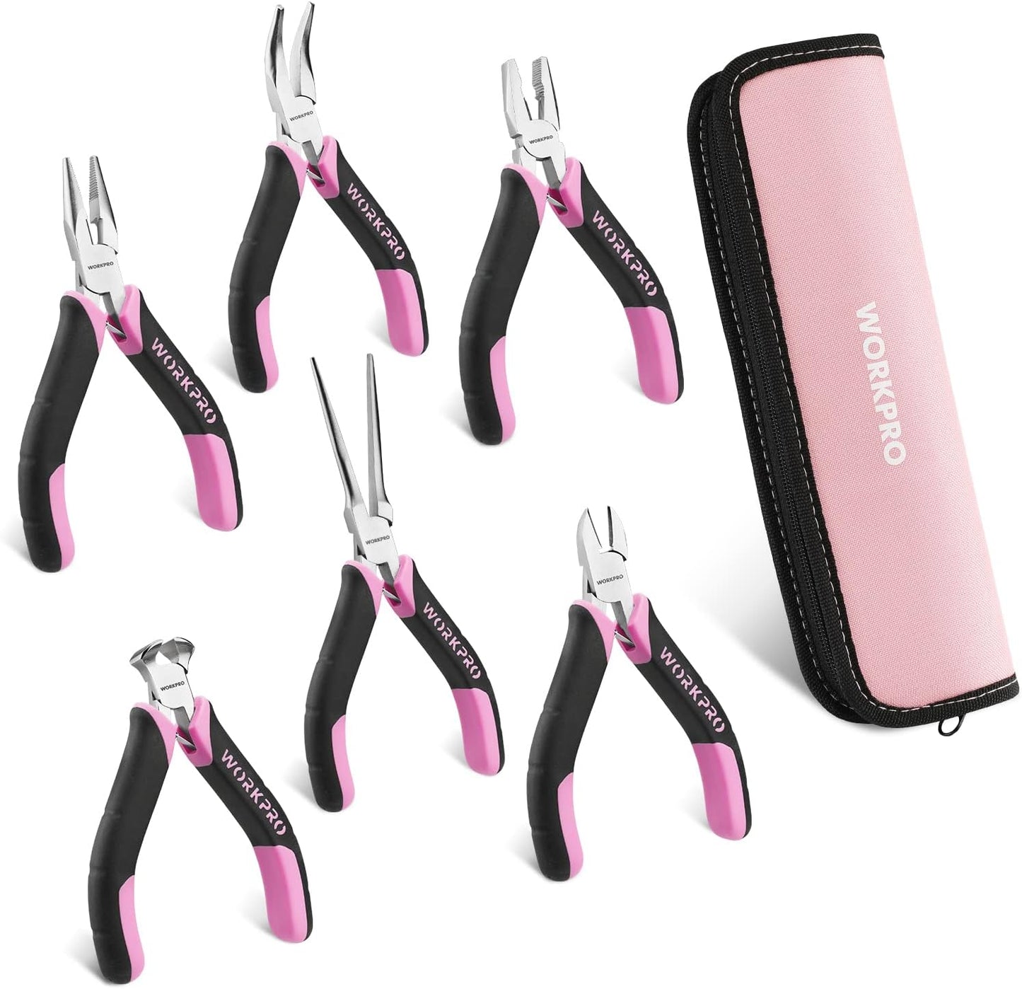 WORKPRO 6-Piece Mini Pliers Set, Needle Nose, Long Nose, Bent Nose, Diagonal, End Cutting and Linesman, for Crafts Work, Electronic Repair, with Pouch - Pink Ribbon