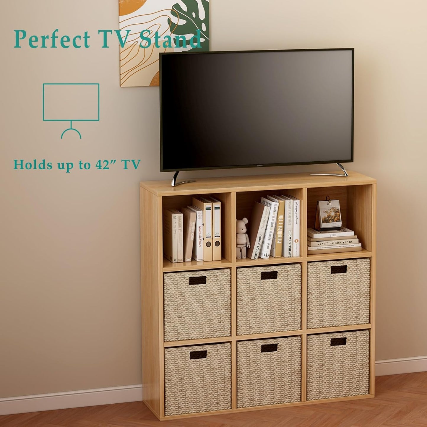 9-Cube Storage Shelf Bookcase - Wooden 3-Tier Floor Standing Open Bookshelf for Home and Office, Display Cabinet, Oak