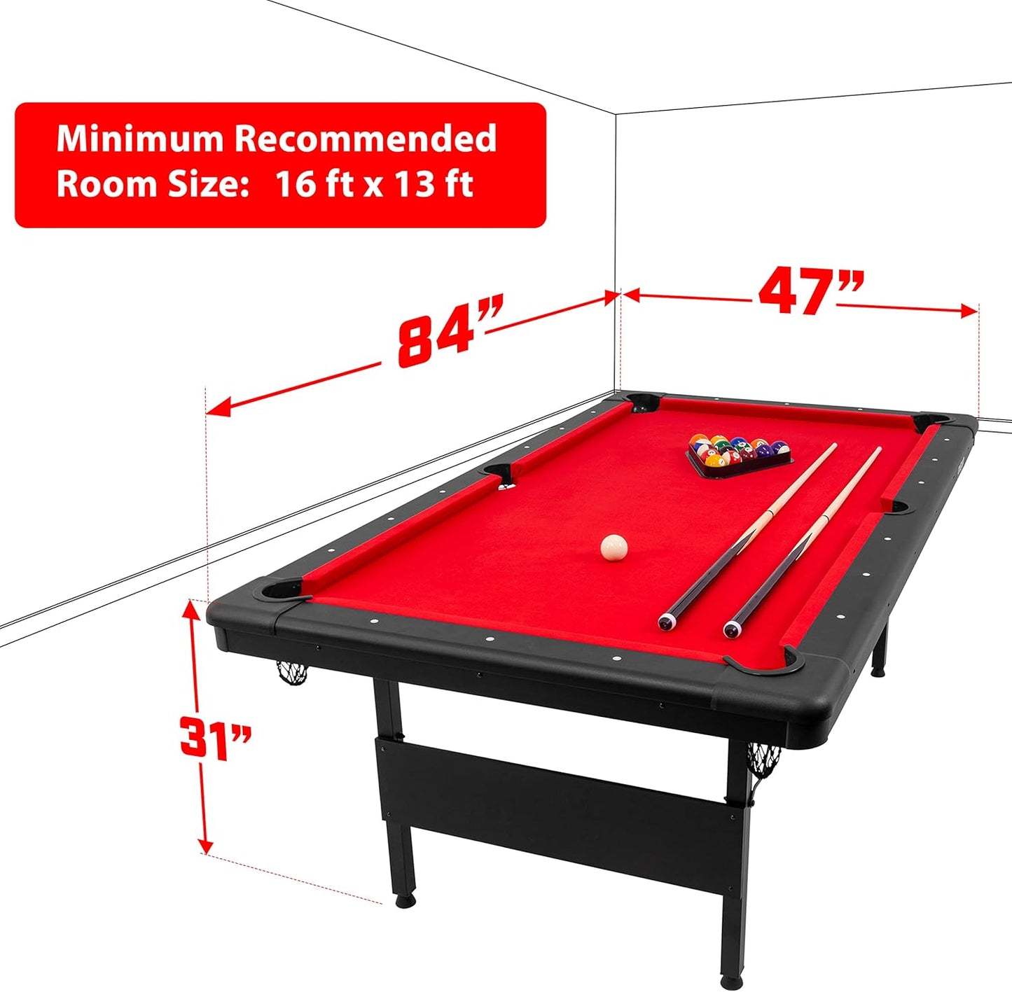 GoSports 6, 7, or 8 ft Billiards Tables - No Assembly, Choose Your Color - Portable Pool Table Includes Full Set of Balls, 2 Cue Sticks, Chalk and Felt Brush
